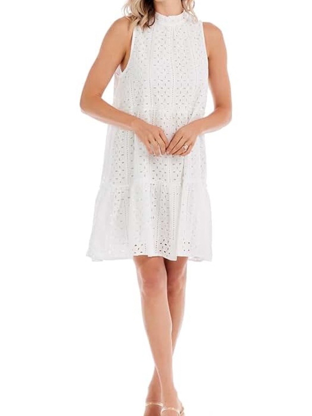 New With Tags Biles Dress White Eyelet Sleeveless Tiered Mud Pie, Sz Large, Vaca